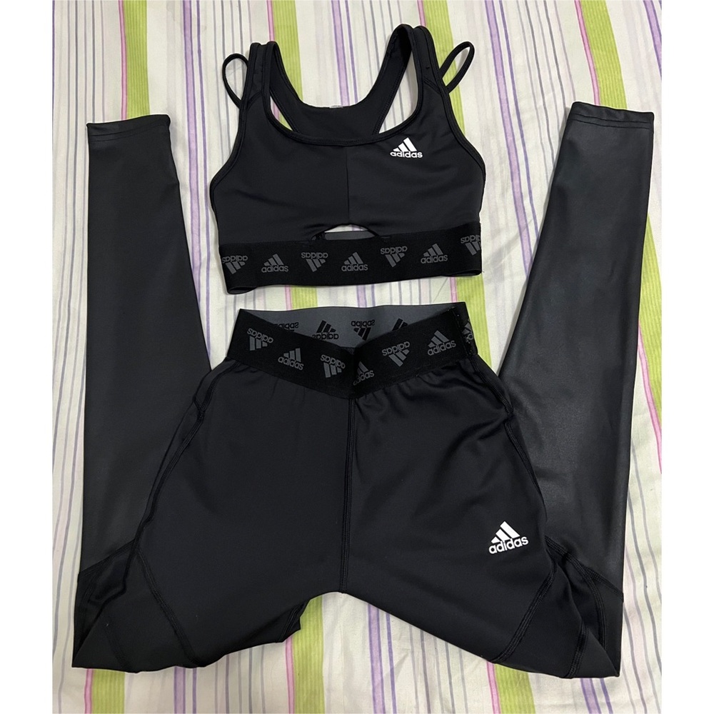 adidas Training light-support sports bra top with strap detail and legging set